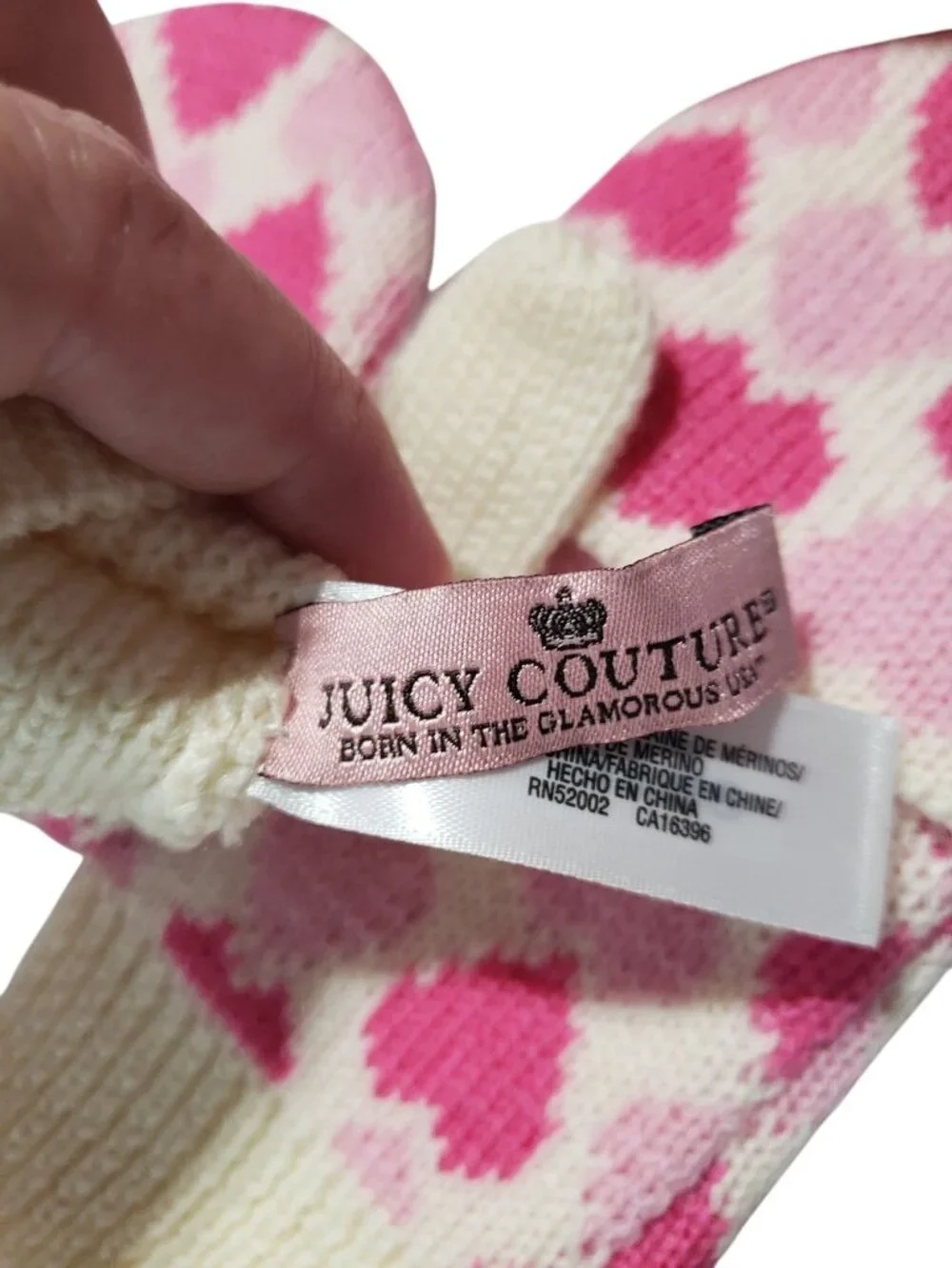 NEW Juicy Couture Girls 100% Merino Wool Mittens Cream Pink Heart Print with Box